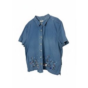CJ‎ Banks Vintage Blue Denim Embroidered Americana Shirt Plus 20W Short Sleeve